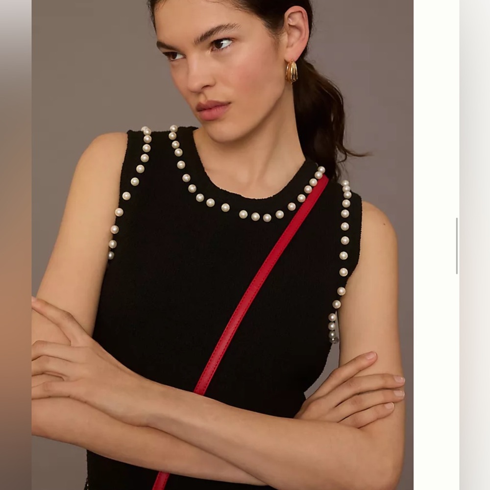 By Anthropologie Pearl Trim Cropped Knit Tank Top Size Medium Black Preppy